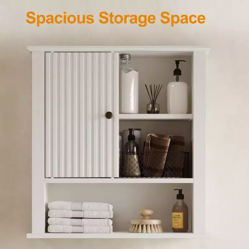 Heynemo Medicine Cabinet with Fluted Sliding Door, Bathroom Cabinet Wall Mounted with Adjustable Shelves, Over the Toilet Storage, TSCA & EPA, White