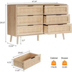 VINGIL 6 Drawer Rattan Dresser, Rattan Chest of Dressers, Modern Wooden Dresser Chest of Drawers