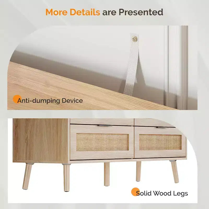 VINGIL 6 Drawer Rattan Dresser, Rattan Chest of Dressers, Modern Wooden Dresser Chest of Drawers