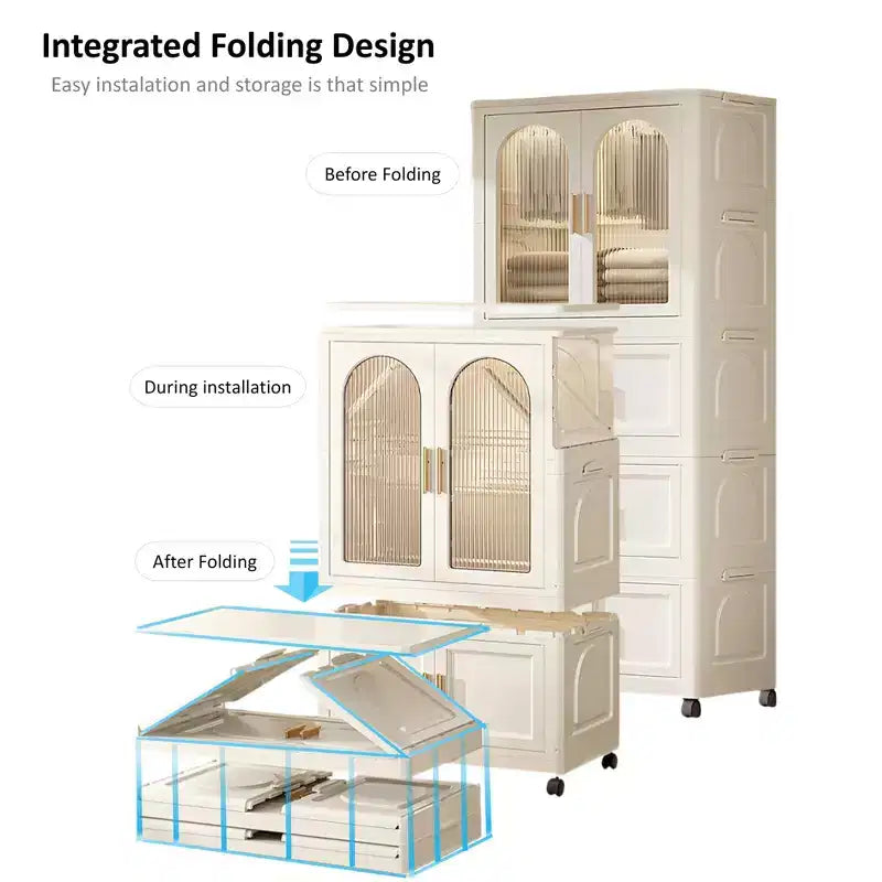 25.59 Side Wide Folding Wardrobe , 25.5915.7570.87 , with Magnetic Door, Plastic Storage Cabinet with Wheels