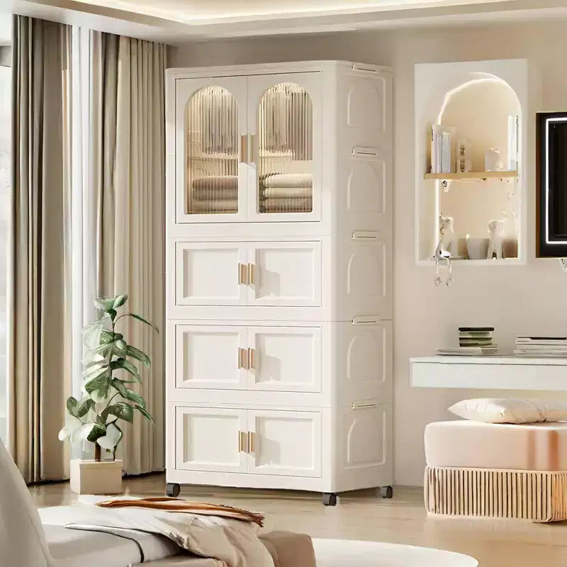 25.59 Side Wide Folding Wardrobe , 25.5915.7570.87 , with Magnetic Door, Plastic Storage Cabinet with Wheels