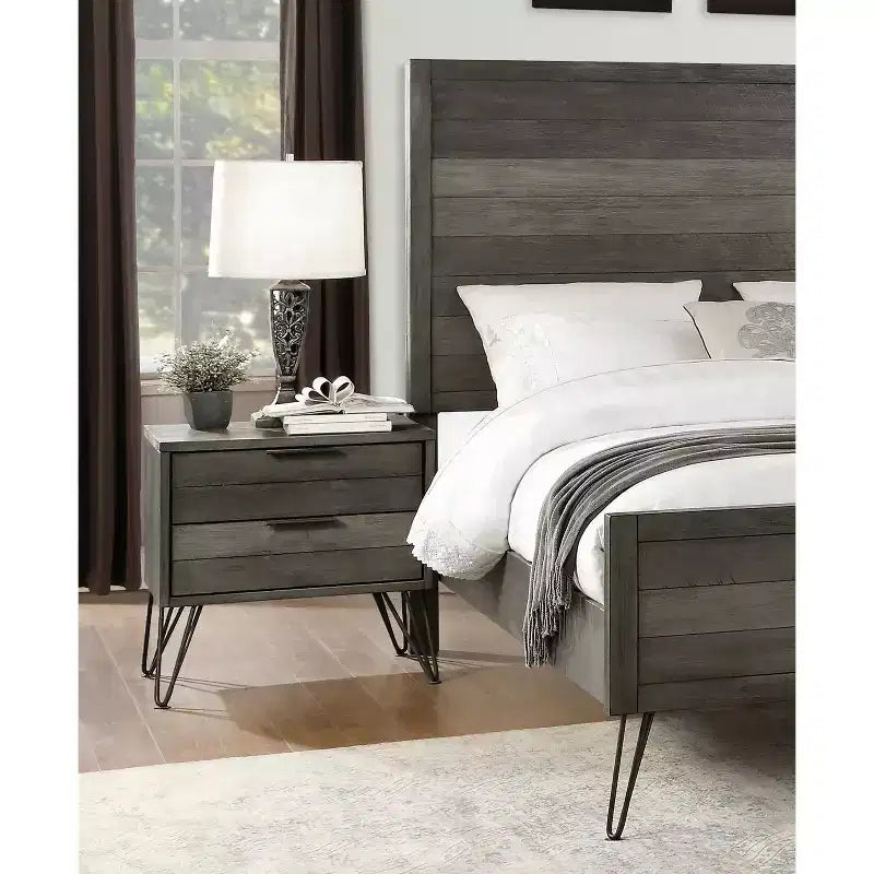 Contemporary Three-Tone Gray Finish Nightstand Perched atop Metal Legs Acacia Veneer Modern Bedroom Furniture