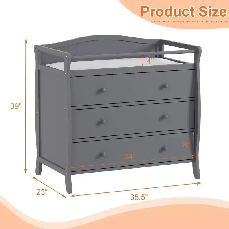 Wooden Baby Changing Table Dresser C Grey, with 3 Drawers, Safety Rails & Strap for Nursery/Bedroom