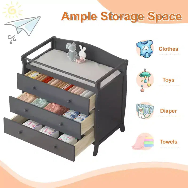 Wooden Baby Changing Table Dresser C Grey, with 3 Drawers, Safety Rails & Strap for Nursery/Bedroom
