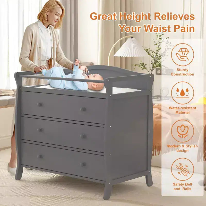 Wooden Baby Changing Table Dresser C Grey, with 3 Drawers, Safety Rails & Strap for Nursery/Bedroom