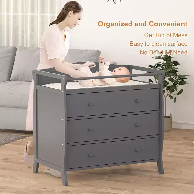 Wooden Baby Changing Table Dresser C Grey, with 3 Drawers, Safety Rails & Strap for Nursery/Bedroom