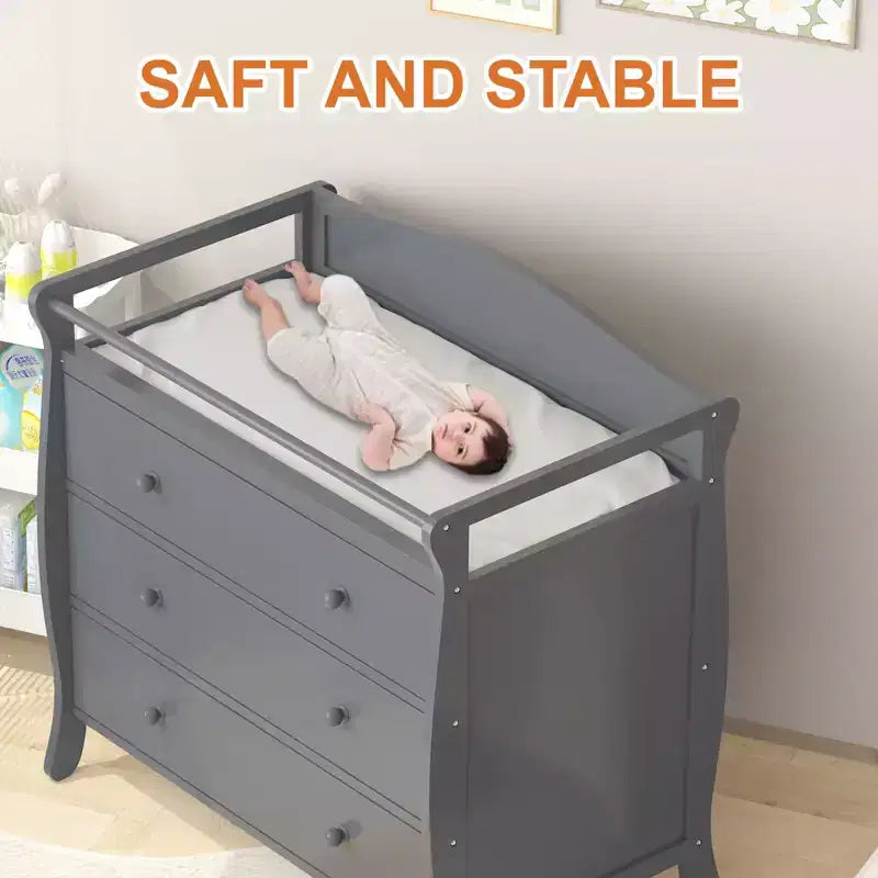 Wooden Baby Changing Table Dresser C Grey, with 3 Drawers, Safety Rails & Strap for Nursery/Bedroom