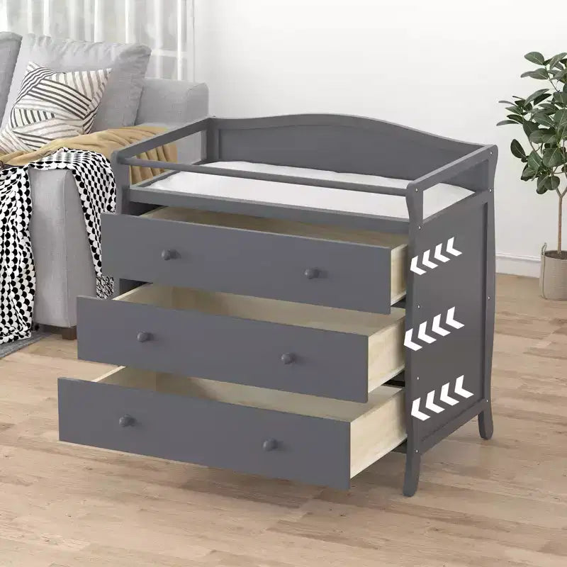 Wooden Baby Changing Table Dresser C Grey, with 3 Drawers, Safety Rails & Strap for Nursery/Bedroom