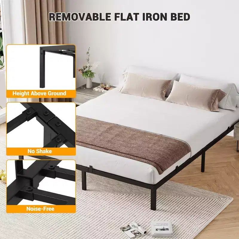 Heavy-duty bed frame with storage space, metal platform base with steel support bars, quiet, easy to assemble, no box spring required