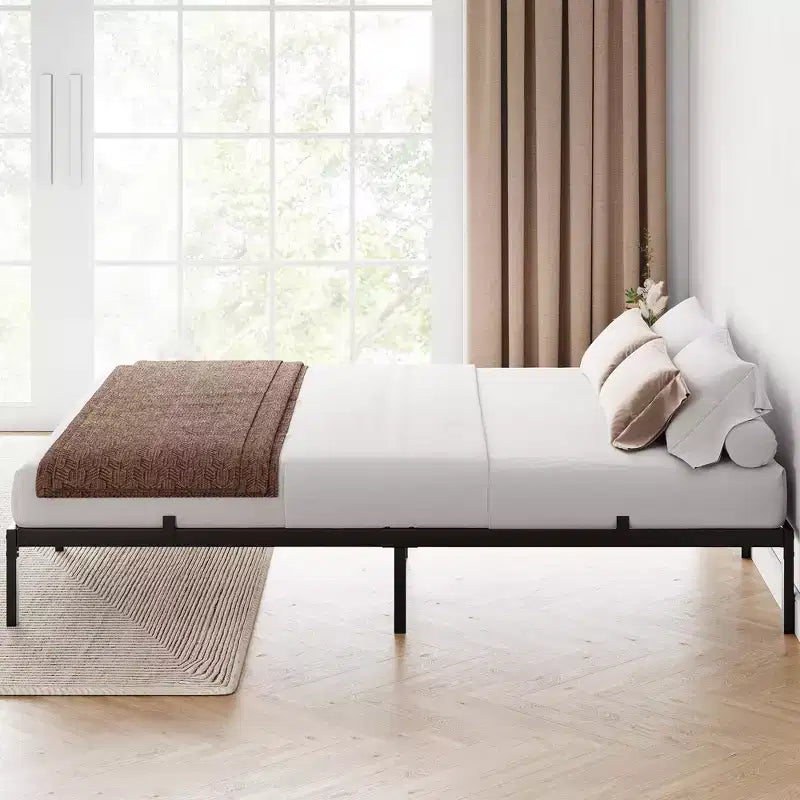 Heavy-duty bed frame with storage space, metal platform base with steel support bars, quiet, easy to assemble, no box spring required