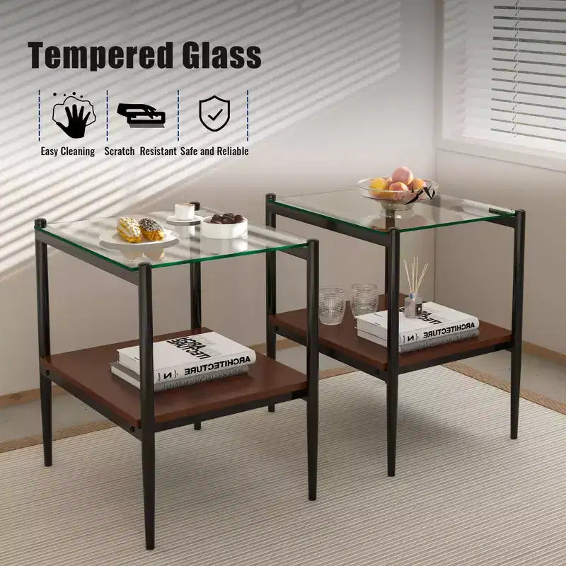 Okak Modern End Table with Tempered Glass Tabletop, Side Table with Bottom Shelf and Metal Frame, Couch Table for Living Room, Set of 2