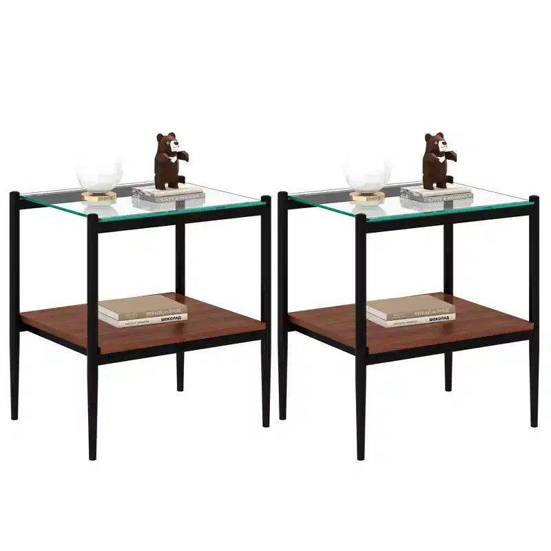 Okak Modern End Table with Tempered Glass Tabletop, Side Table with Bottom Shelf and Metal Frame, Couch Table for Living Room, Set of 2