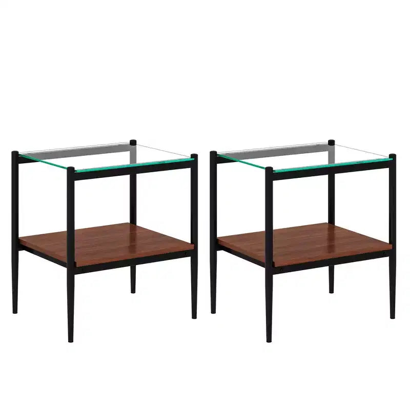 Okak Modern End Table with Tempered Glass Tabletop, Side Table with Bottom Shelf and Metal Frame, Couch Table for Living Room, Set of 2