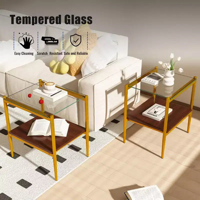 Okak Modern End Table with Tempered Glass Tabletop, Side Table with Bottom Shelf and Metal Frame, Couch Table for Living Room, Set of 2