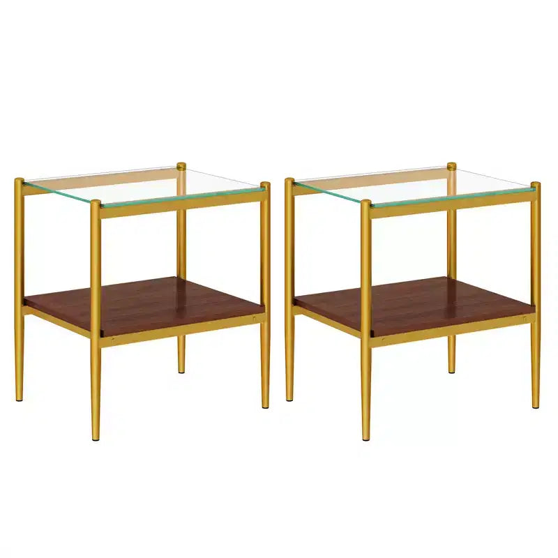 Okak Modern End Table with Tempered Glass Tabletop, Side Table with Bottom Shelf and Metal Frame, Couch Table for Living Room, Set of 2