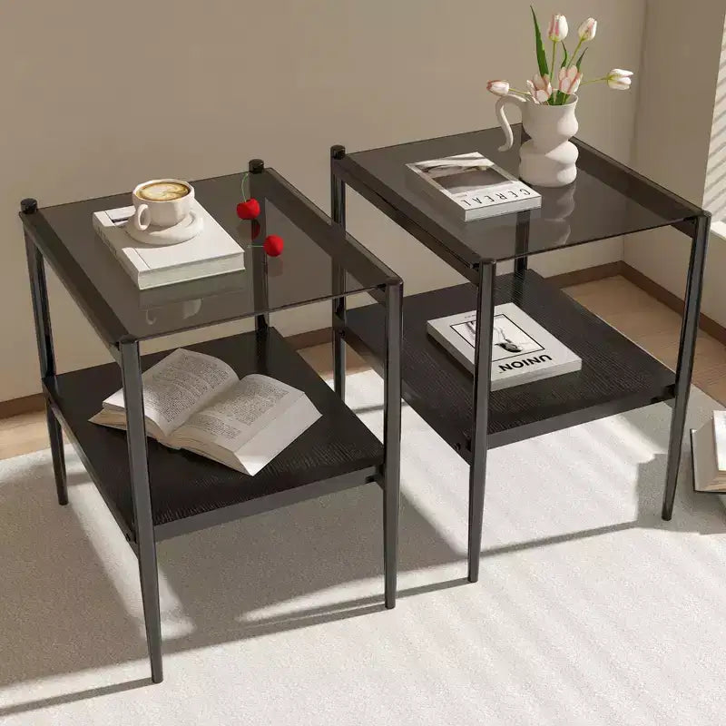 Okak Modern End Table with Tempered Glass Tabletop, Side Table with Bottom Shelf and Metal Frame, Couch Table for Living Room, Set of 2