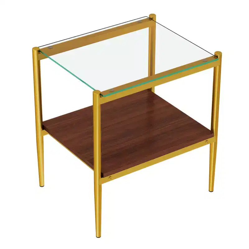 Okak Modern End Table with Tempered Glass Tabletop, Side Table with Bottom Shelf and Metal Frame, Couch Table for Living Room, Set of 2
