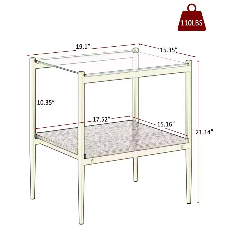 Okak Modern End Table with Tempered Glass Tabletop, Side Table with Bottom Shelf and Metal Frame, Couch Table for Living Room, Set of 2