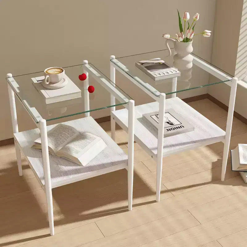 Okak Modern End Table with Tempered Glass Tabletop, Side Table with Bottom Shelf and Metal Frame, Couch Table for Living Room, Set of 2