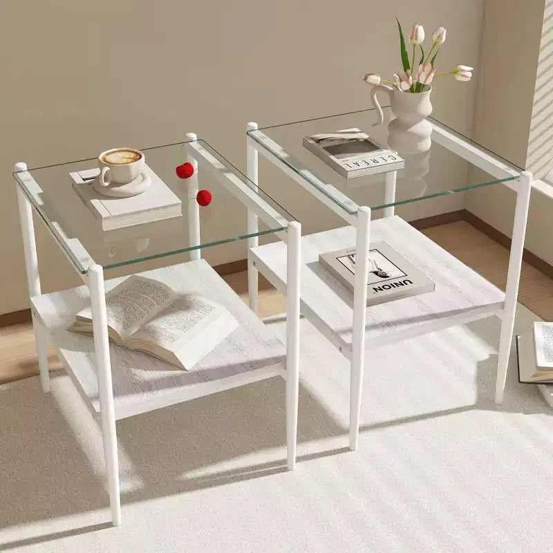 Okak Modern End Table with Tempered Glass Tabletop, Side Table with Bottom Shelf and Metal Frame, Couch Table for Living Room, Set of 2