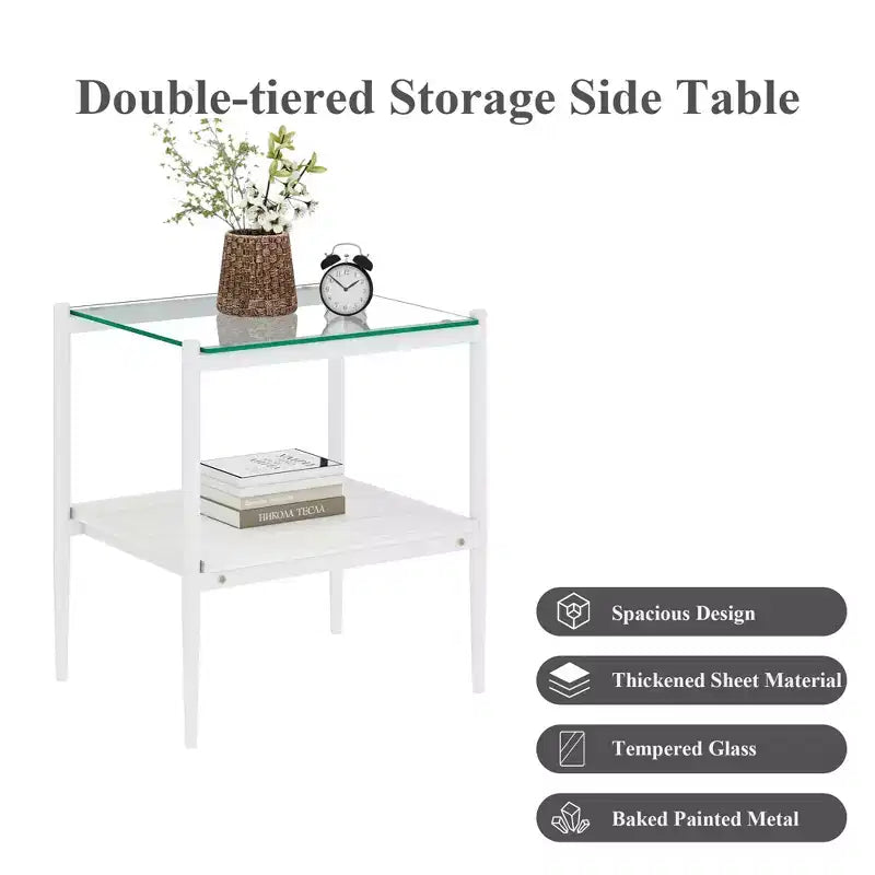 Okak Modern End Table with Tempered Glass Tabletop, Side Table with Bottom Shelf and Metal Frame, Couch Table for Living Room, Set of 2