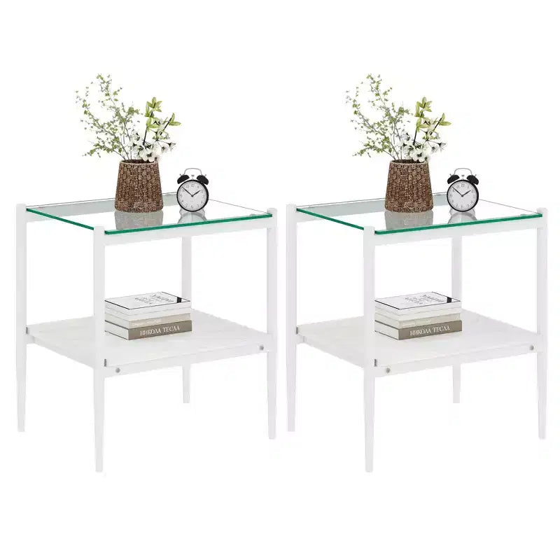 Okak Modern End Table with Tempered Glass Tabletop, Side Table with Bottom Shelf and Metal Frame, Couch Table for Living Room, Set of 2