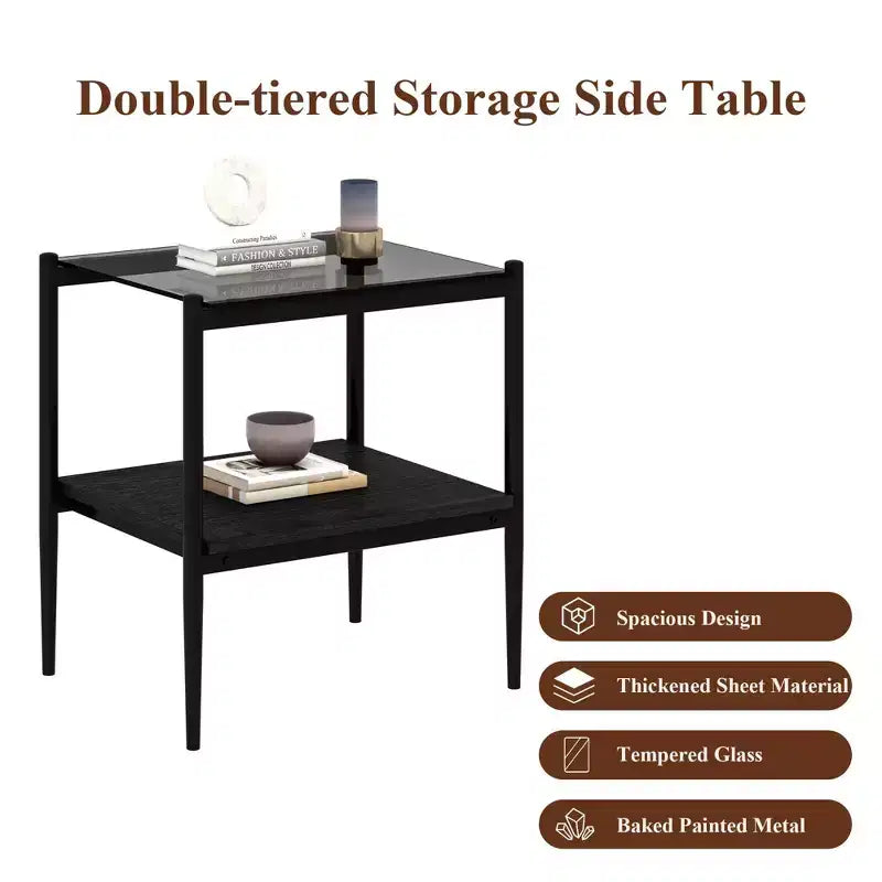 Okak Modern End Table with Tempered Glass Tabletop, Side Table with Bottom Shelf and Metal Frame, Couch Table for Living Room, Set of 2