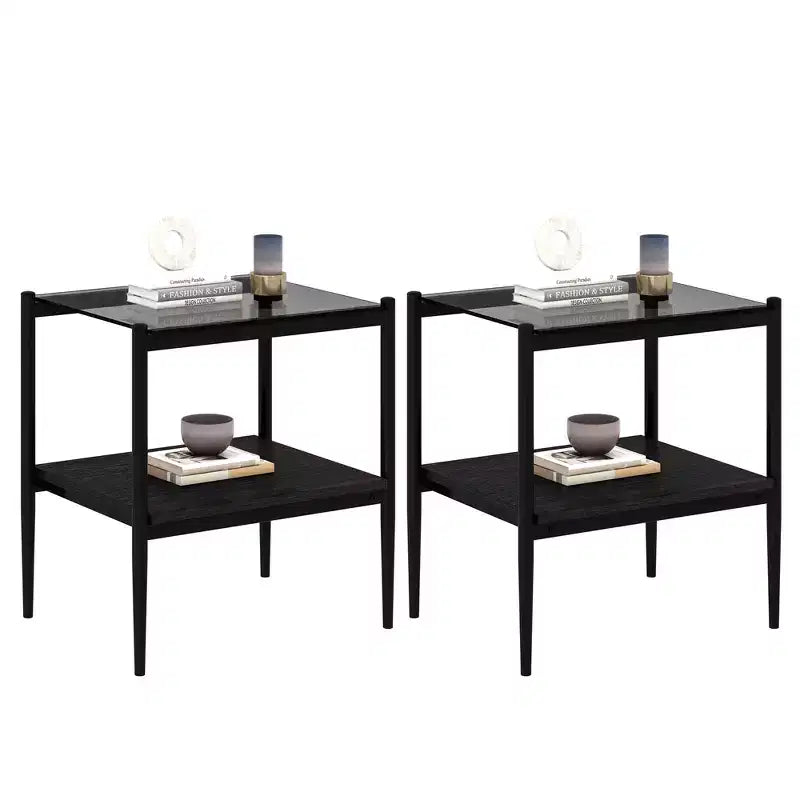 Okak Modern End Table with Tempered Glass Tabletop, Side Table with Bottom Shelf and Metal Frame, Couch Table for Living Room, Set of 2