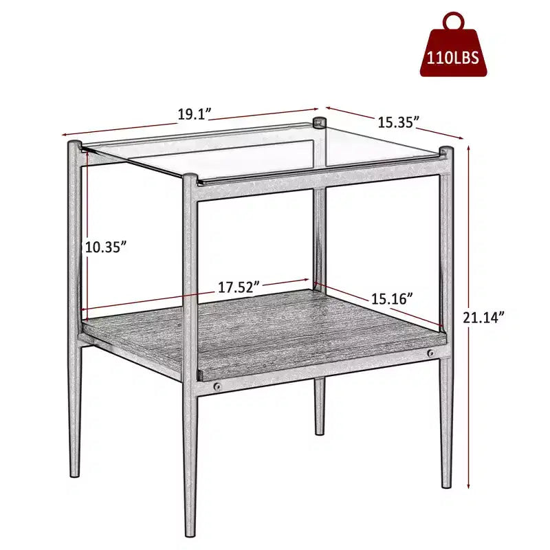 Okak Modern End Table with Tempered Glass Tabletop, Side Table with Bottom Shelf and Metal Frame, Couch Table for Living Room, Set of 2
