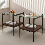 Okak Modern End Table with Tempered Glass Tabletop, Side Table with Bottom Shelf and Metal Frame, Couch Table for Living Room, Set of 2