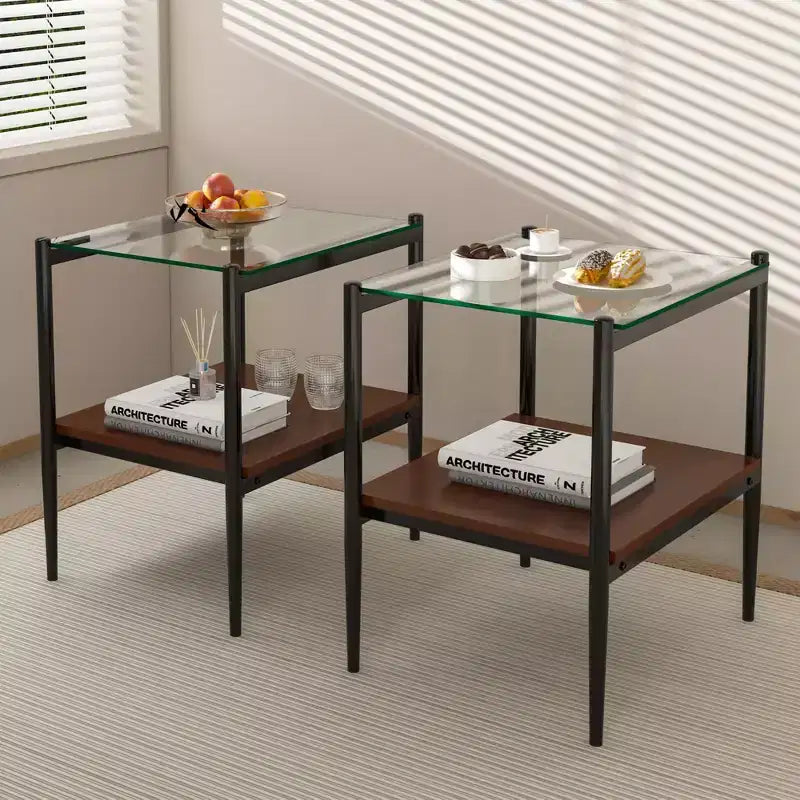 Okak Modern End Table with Tempered Glass Tabletop, Side Table with Bottom Shelf and Metal Frame, Couch Table for Living Room, Set of 2