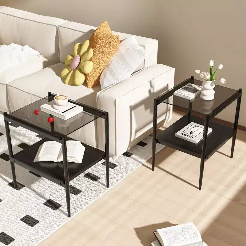 Okak Modern End Table with Tempered Glass Tabletop, Side Table with Bottom Shelf and Metal Frame, Couch Table for Living Room, Set of 2