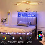 Karl Home Twin Full Queen King Size Headboard, Adjustable Upholstered Headboard with 2 Tier Shelves and Pegboard with Charging Stations and LED Lights