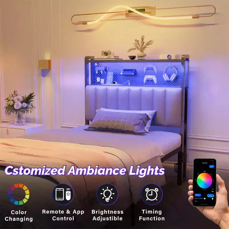 Karl Home Twin Full Queen King Size Headboard, Adjustable Upholstered Headboard with 2 Tier Shelves and Pegboard with Charging Stations and LED Lights