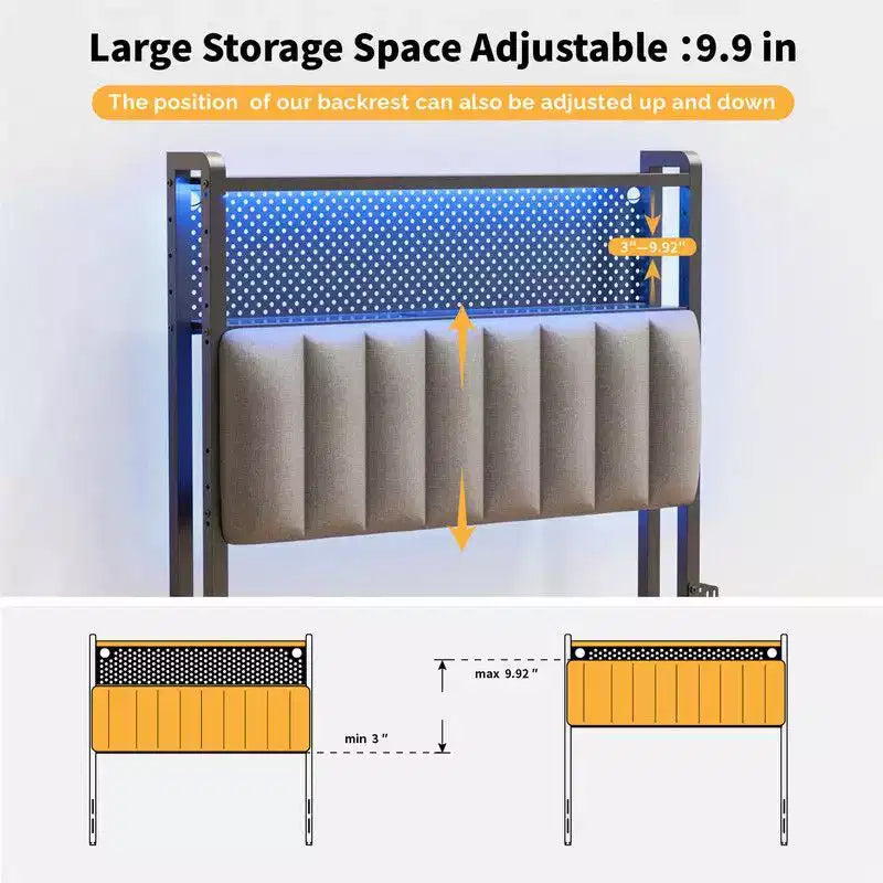 Karl Home Twin Full Queen King Size Headboard, Adjustable Upholstered Headboard with 2 Tier Shelves and Pegboard with Charging Stations and LED Lights