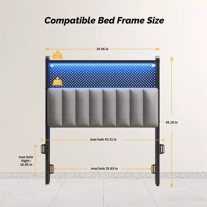 Karl Home Twin Full Queen King Size Headboard, Adjustable Upholstered Headboard with 2 Tier Shelves and Pegboard with Charging Stations and LED Lights