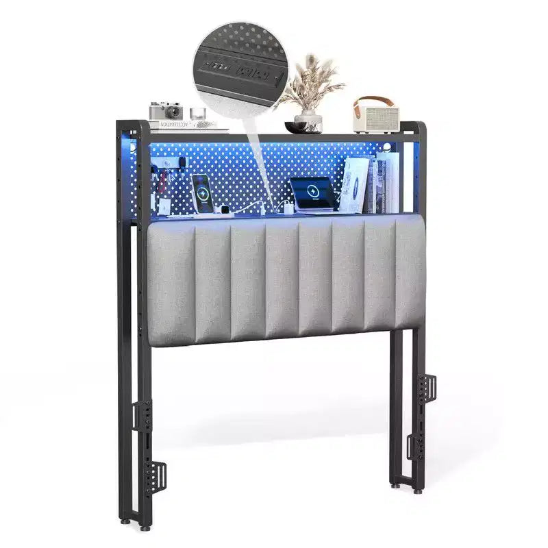 Karl Home Twin Full Queen King Size Headboard, Adjustable Upholstered Headboard with 2 Tier Shelves and Pegboard with Charging Stations and LED Lights