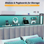 Karl Home Twin Full Queen King Size Headboard, Adjustable Upholstered Headboard with 2 Tier Shelves and Pegboard with Charging Stations and LED Lights