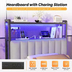 Karl Home Twin Full Queen King Size Headboard, Adjustable Upholstered Headboard with 2 Tier Shelves and Pegboard with Charging Stations and LED Lights