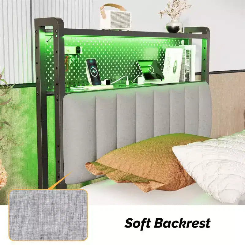 Karl Home Twin Full Queen King Size Headboard, Adjustable Upholstered Headboard with 2 Tier Shelves and Pegboard with Charging Stations and LED Lights