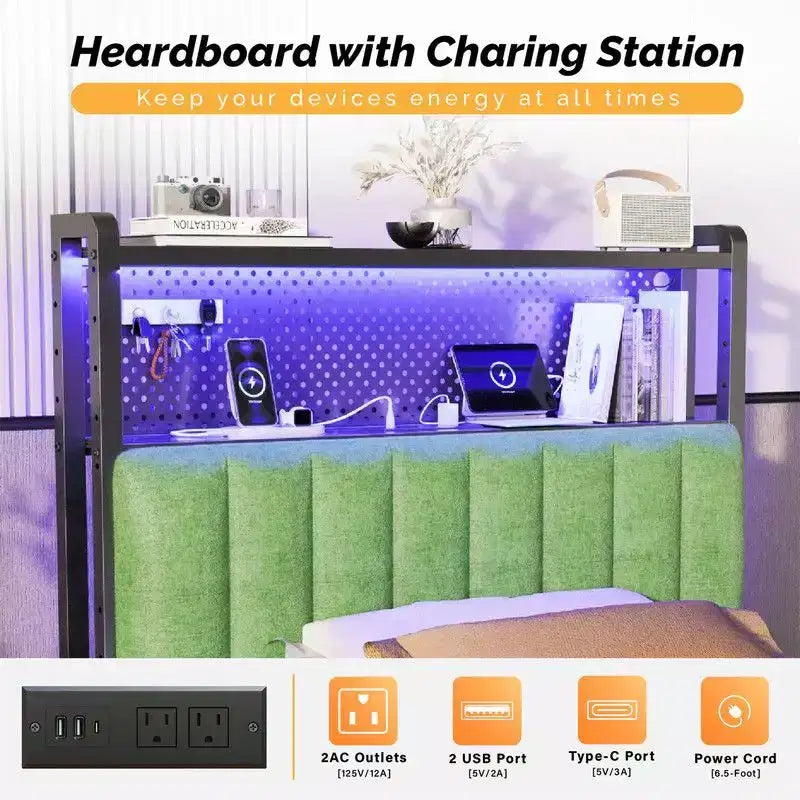 Karl Home Twin Full Queen King Size Headboard, Adjustable Upholstered Headboard with 2 Tier Shelves and Pegboard with Charging Stations and LED Lights