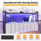 Karl Home Twin Full Queen King Size Headboard, Adjustable Upholstered Headboard with 2 Tier Shelves and Pegboard with Charging Stations and LED Lights