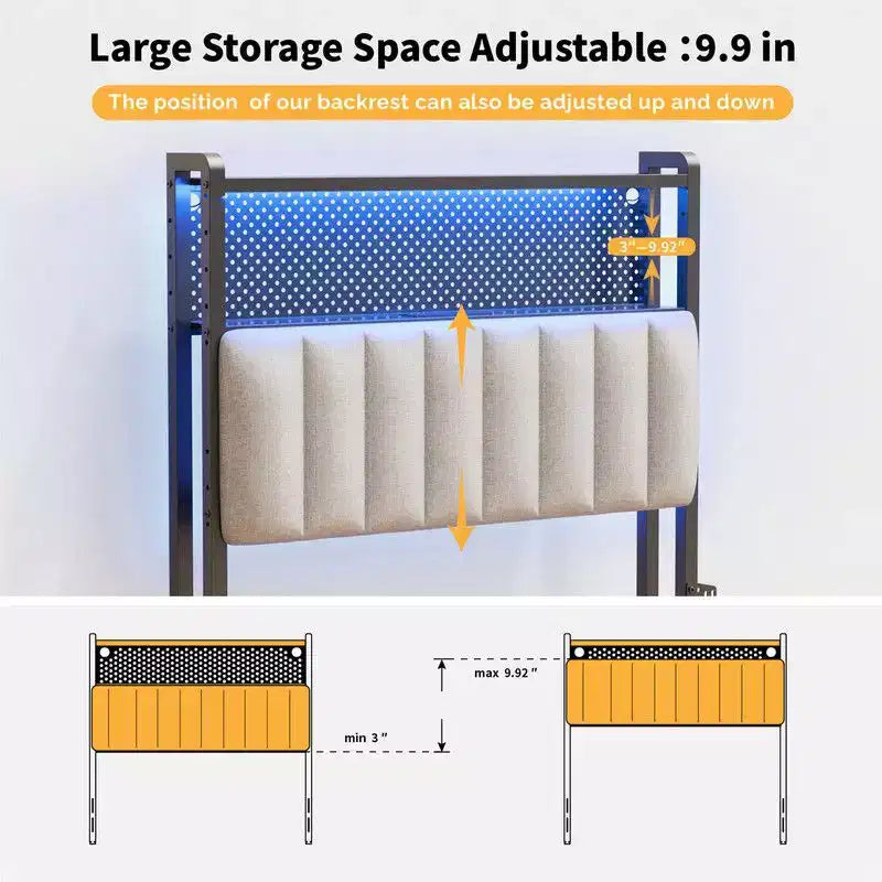 Karl Home Twin Full Queen King Size Headboard, Adjustable Upholstered Headboard with 2 Tier Shelves and Pegboard with Charging Stations and LED Lights