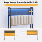 Karl Home Twin Full Queen King Size Headboard, Adjustable Upholstered Headboard with 2 Tier Shelves and Pegboard with Charging Stations and LED Lights