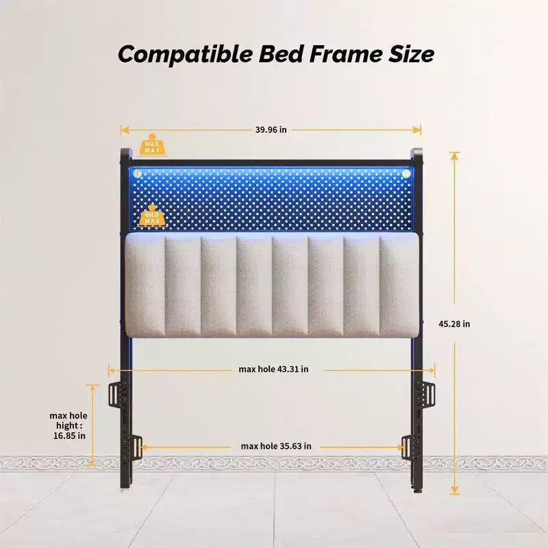 Karl Home Twin Full Queen King Size Headboard, Adjustable Upholstered Headboard with 2 Tier Shelves and Pegboard with Charging Stations and LED Lights