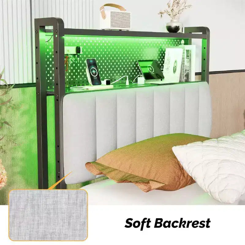 Karl Home Twin Full Queen King Size Headboard, Adjustable Upholstered Headboard with 2 Tier Shelves and Pegboard with Charging Stations and LED Lights