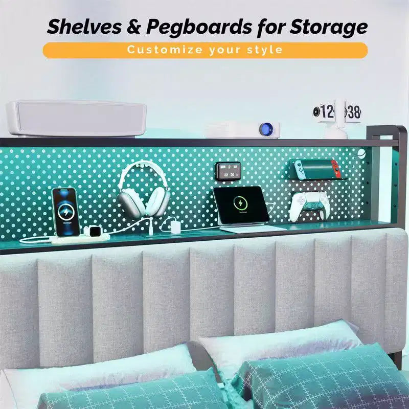 Karl Home Twin Full Queen King Size Headboard, Adjustable Upholstered Headboard with 2 Tier Shelves and Pegboard with Charging Stations and LED Lights