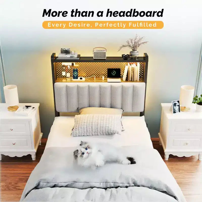 Karl Home Twin Full Queen King Size Headboard, Adjustable Upholstered Headboard with 2 Tier Shelves and Pegboard with Charging Stations and LED Lights