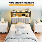 Karl Home Twin Full Queen King Size Headboard, Adjustable Upholstered Headboard with 2 Tier Shelves and Pegboard with Charging Stations and LED Lights