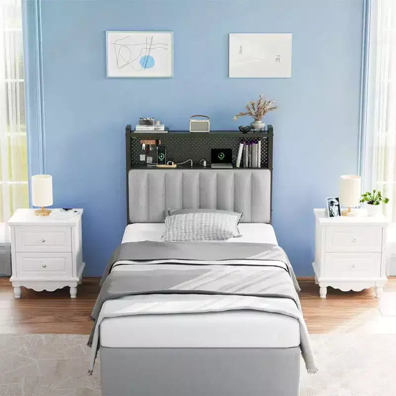 Karl Home Twin Full Queen King Size Headboard, Adjustable Upholstered Headboard with 2 Tier Shelves and Pegboard with Charging Stations and LED Lights